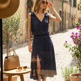 Navy Polka Dot Slit Midi Skirt