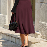 Wine Red Natural Waisted A-Line Midi Skirt
