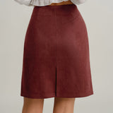 Red Suede Straight Slit Mini Skirt