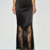 Black Lace Splicing Maxi Skirt