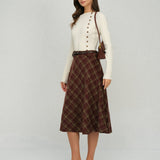 Red Plaid Floral Midi Skirt