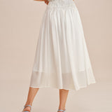 White Lace Splicing Elastic Waist Midi Skirt