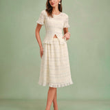 Apricot Elastic Waist Shirred Midi Skirt