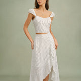 White Ruffle Polka Dot Midi Skirt