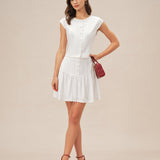 White Button Ruched Mini Skirt
