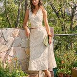 Beige Embroidery Midi Skirt