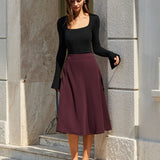 Wine Red Natural Waisted A-Line Midi Skirt