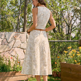 Beige Embroidery Midi Skirt