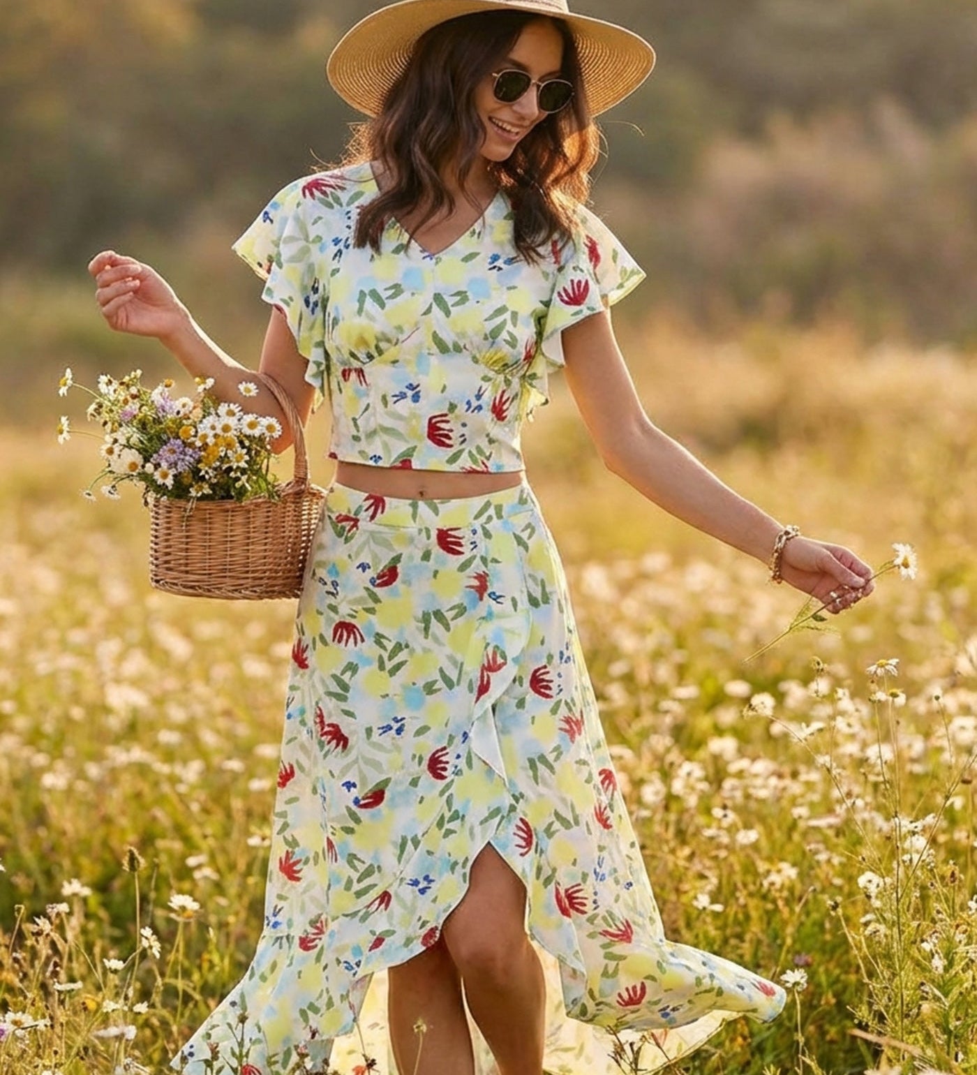 Floral Ruffle A-Line Midi Skirt