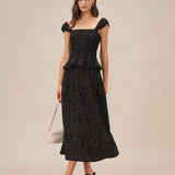 Black Polka Dot Ruched Midi Skirt