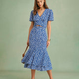 Blue Floral Mermaid Midi Skirt