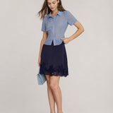 Blue Lace Satin Mini Skirt