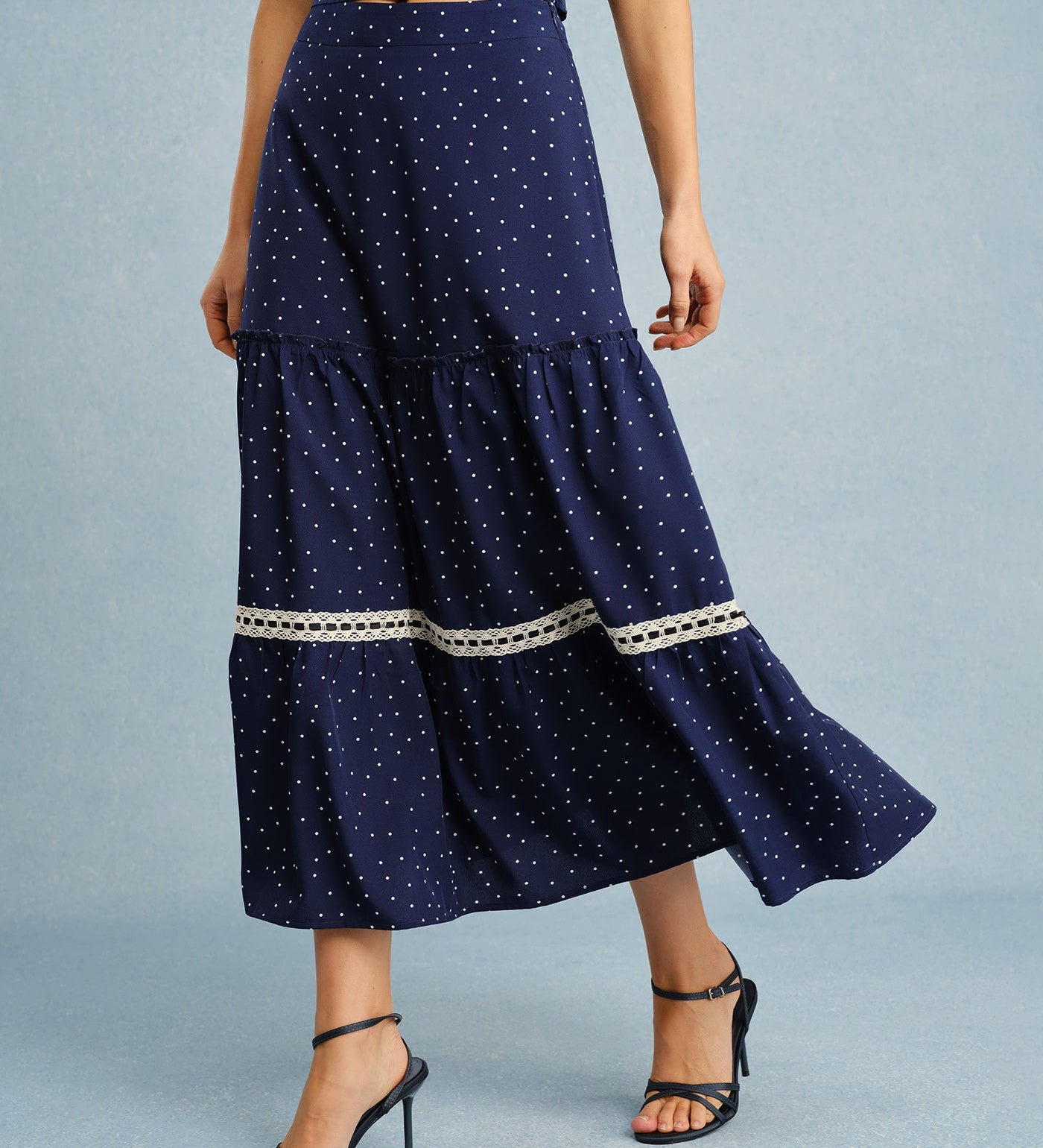 Navy Polka Dot Lace Midi Skirt