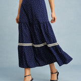 Navy Polka Dot Lace Midi Skirt