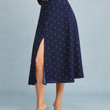 Navy Polka Dot Slit Midi Skirt