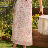Pink Floral Embroidery Midi Skirt