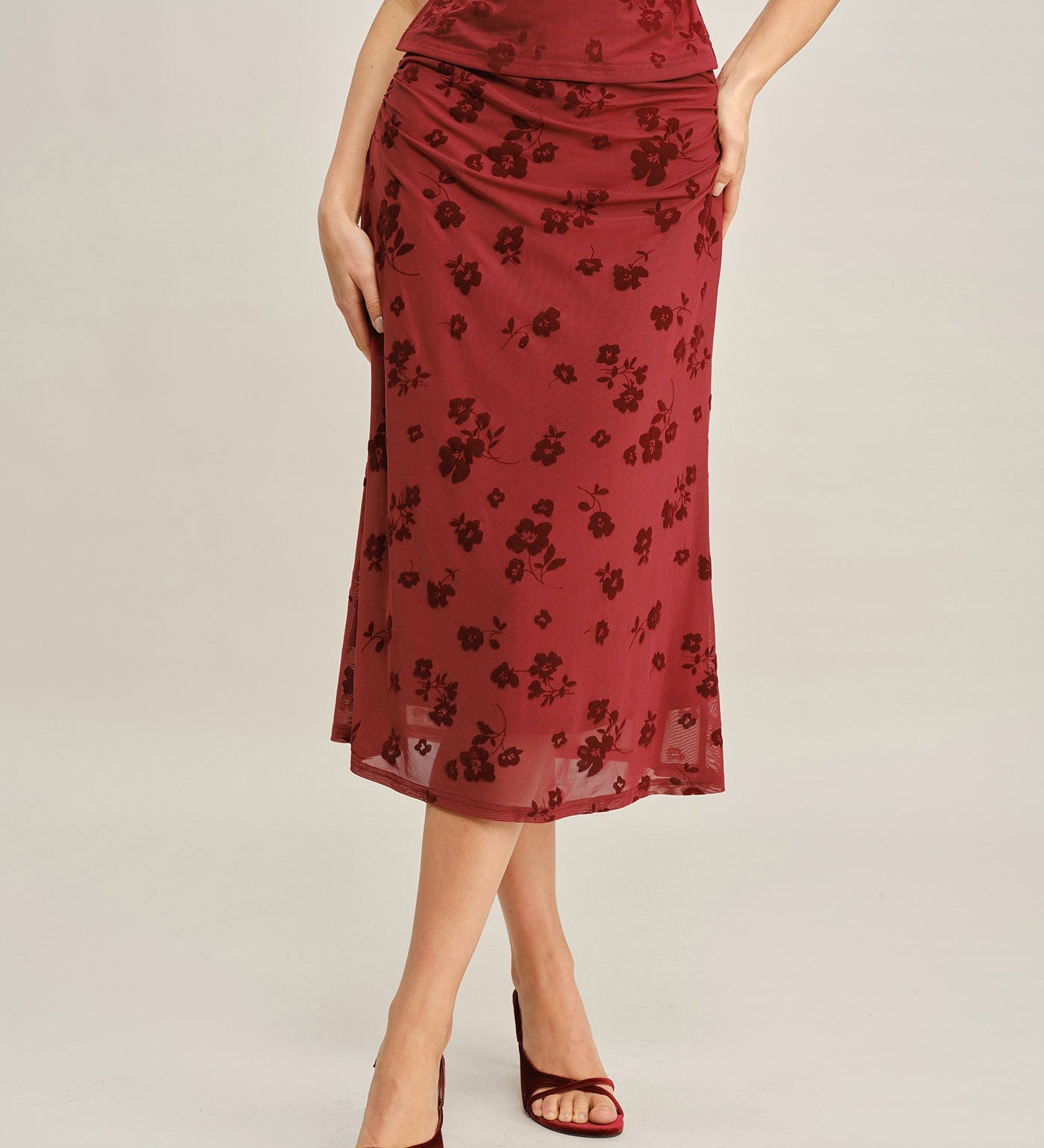 Red Floral Mermaid Midi Skirt