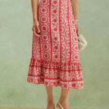 Red Floral Ruched Midi Skirt