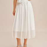 White Lace Splicing Elastic Waist Midi Skirt