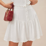 White Button Ruched Mini Skirt