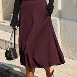 Wine Red Natural Waisted A-Line Midi Skirt