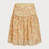 Yellow Floral Splicing Mini Skirt