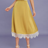 Yellow Lace Satin Midi Skirt