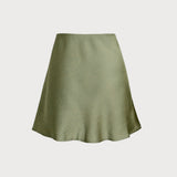 Green Satin Elastic Waist A-Line Mini Skirt