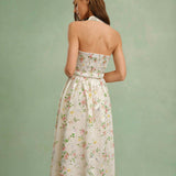 Apricot Floral Halter Two-Piece Skirt Set