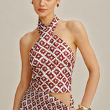 Red Halter Shirred Two-Piece Skirt Set