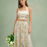 Apricot Floral Halter Two-Piece Skirt Set