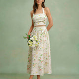 Apricot Floral Halter Two-Piece Skirt Set