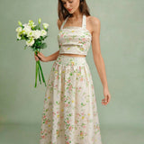 Apricot Floral Halter Two-Piece Skirt Set