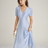 Blue V Neck Sheer Zipper Midi Dress