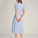 Blue V Neck Sheer Zipper Midi Dress