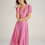 Pink Puffed Sleeve Sheer Midi Dress