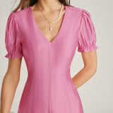 Pink Puffed Sleeve Sheer Midi Dress