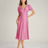 Pink Puffed Sleeve Sheer Midi Dress