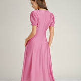 Pink Puffed Sleeve Sheer Midi Dress
