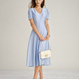 Blue V Neck Sheer Zipper Midi Dress