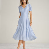 Blue V Neck Sheer Zipper Midi Dress