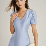 Blue V Neck Sheer Zipper Midi Dress