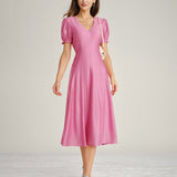Pink Puffed Sleeve Sheer Midi Dress