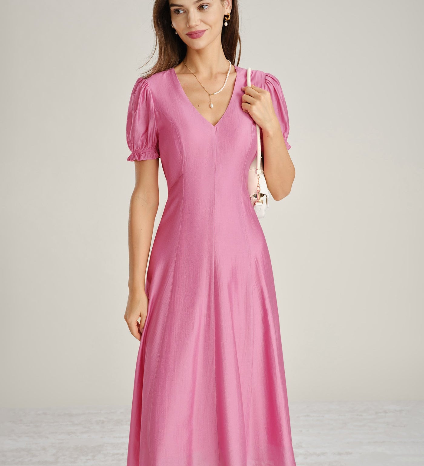 Pink Puffed Sleeve Sheer Midi Dress