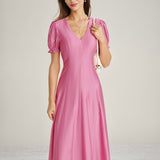 Pink Puffed Sleeve Sheer Midi Dress