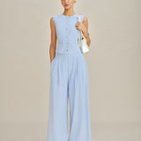 Blue Solid Pockets Straight Pants